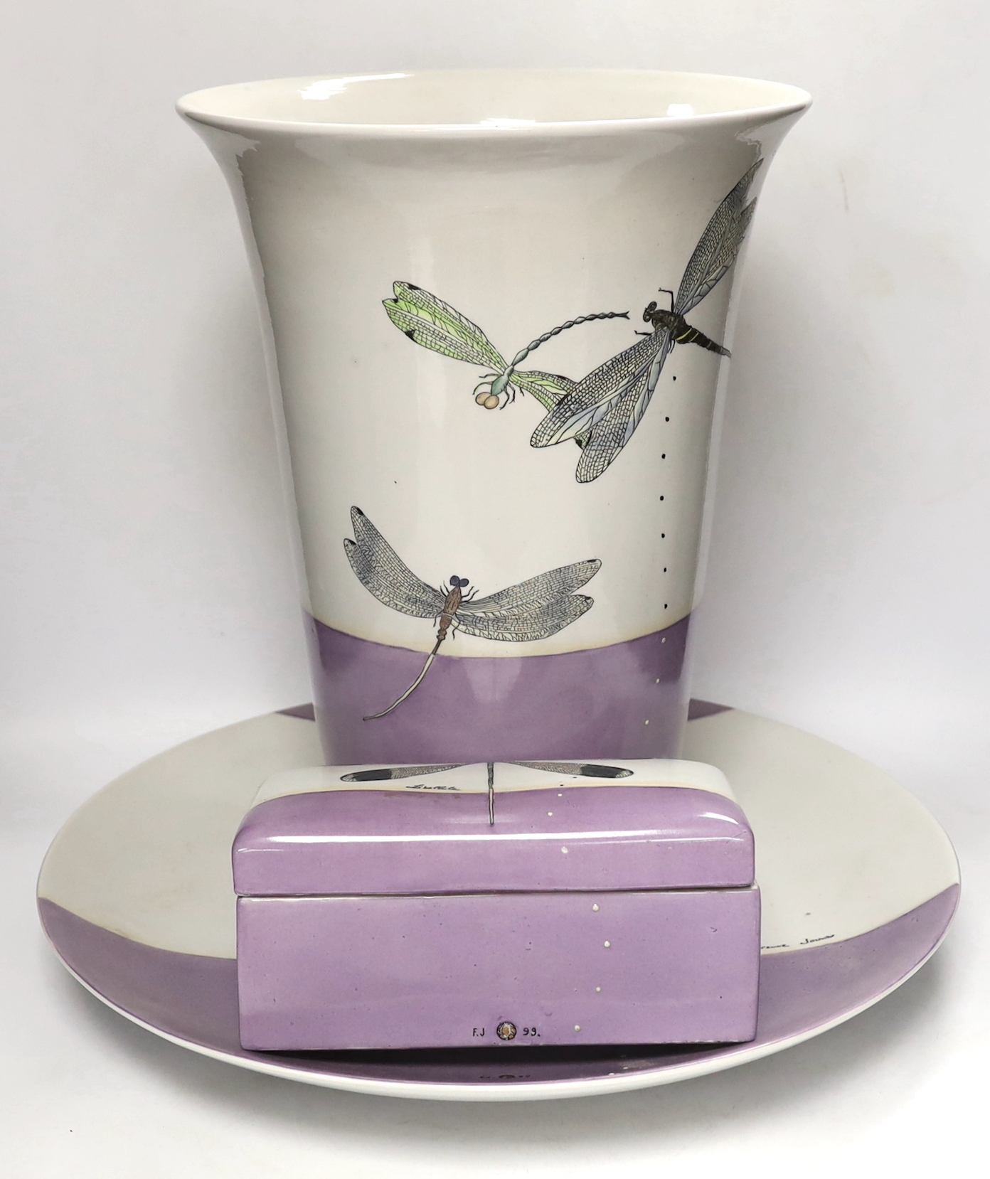 A signed Fabienne Jouvier Dragonfly pattern vase, dish and box, marked “Libellule”, 93, vase 41.5cm high